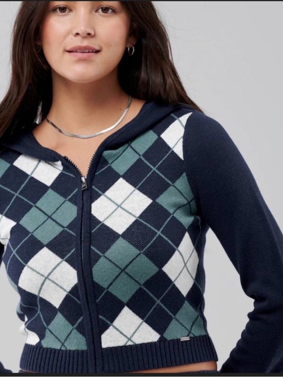 Hollister Sweaters - Hollister Navy Zip-Up Hoodie with Green and Cream Argyle